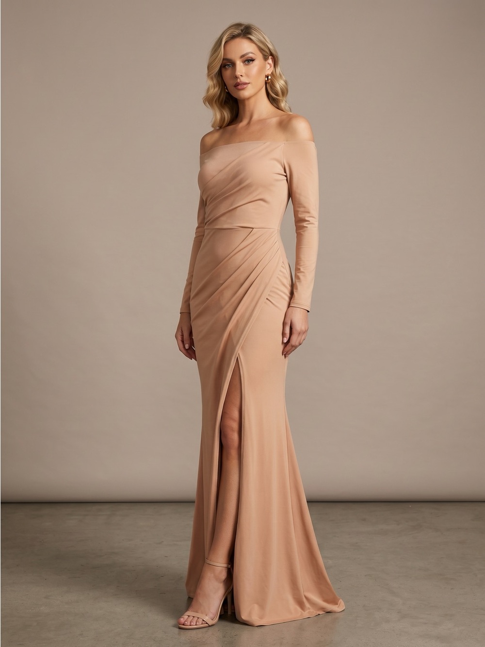 Off-Shoulder Long Sleeve Nude Evening Gown